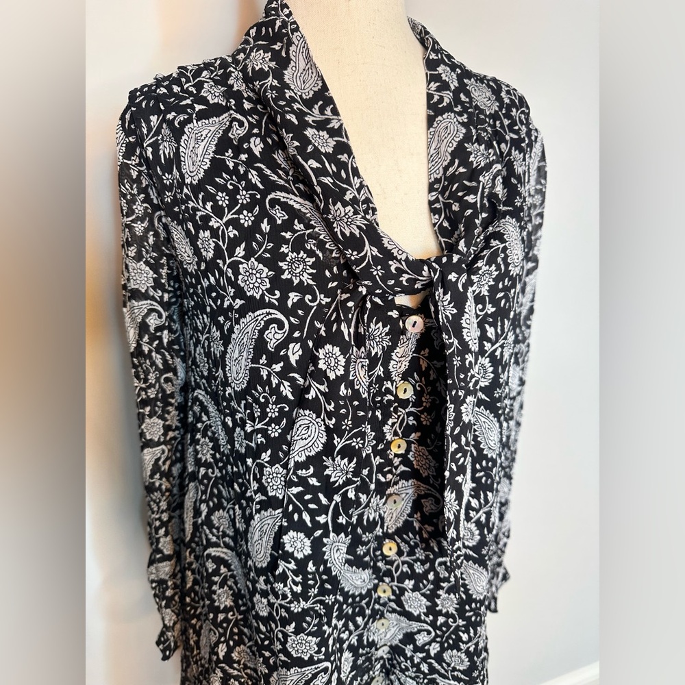Sz XS Cleobella Betz Mini dress black white paisley long sleeve button down - Picture 3 of 12